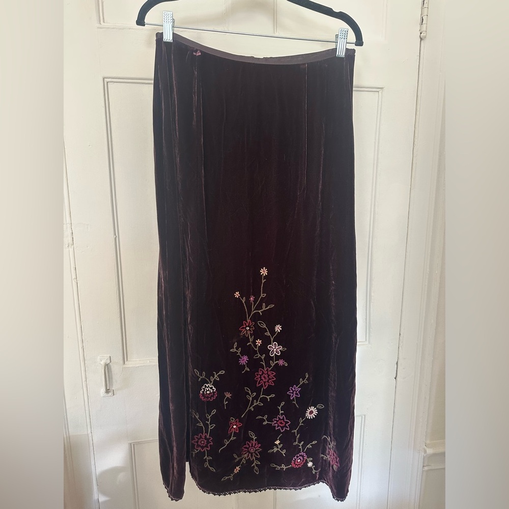 Vintage y2k whimsigoth jJill Embroidered Velvet maxi Skirt brown vtg10/~modern 6